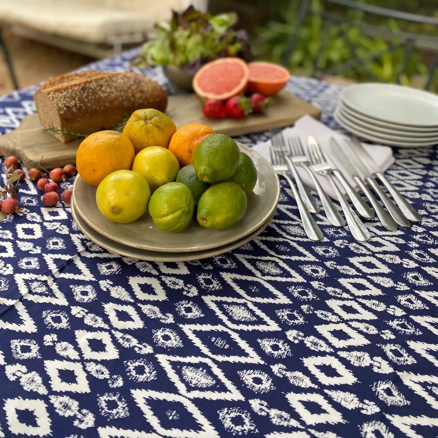 Mantel género estampado azul rombos