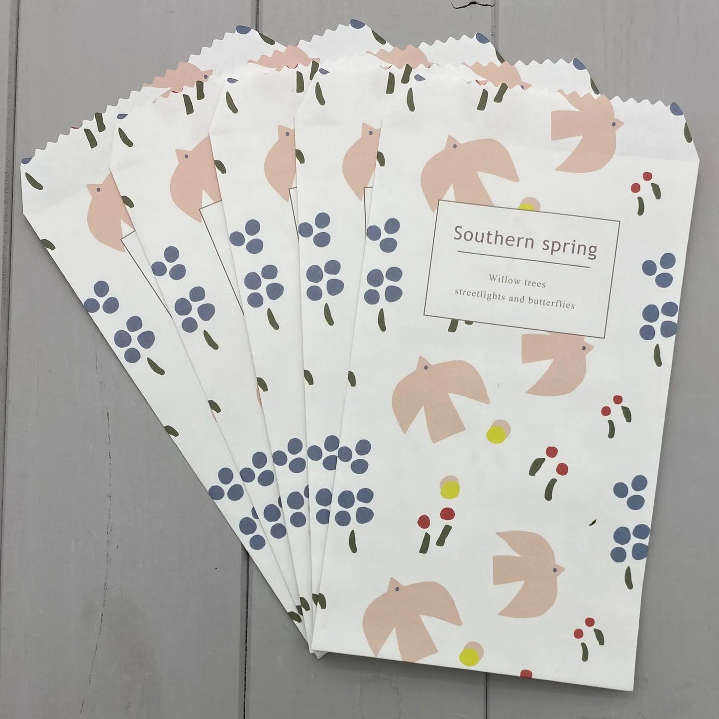 Set 5 bolsitas papel diseño blanca pájaros