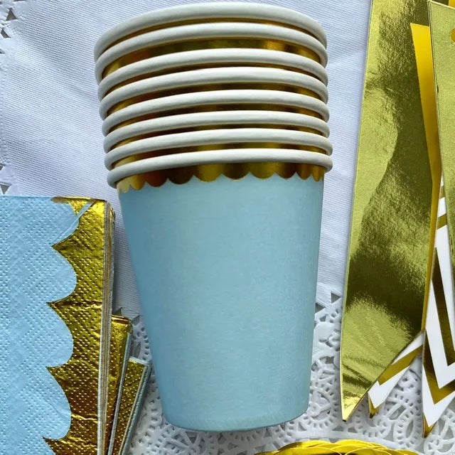 Vaso cumpleaños borde dorado celeste