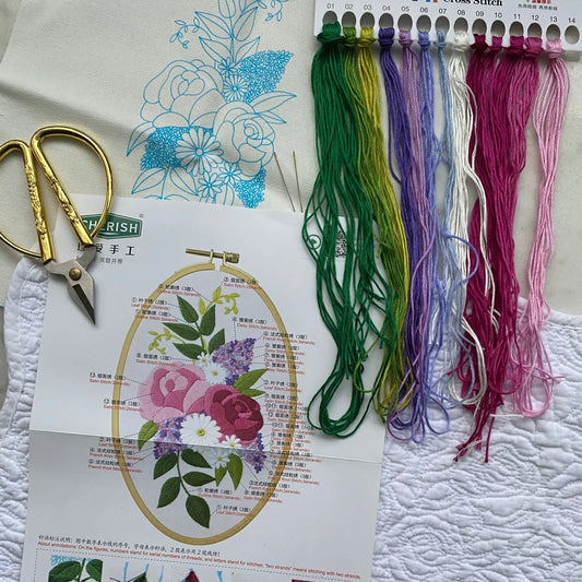 Kit de bordado ovalado flores fucsia