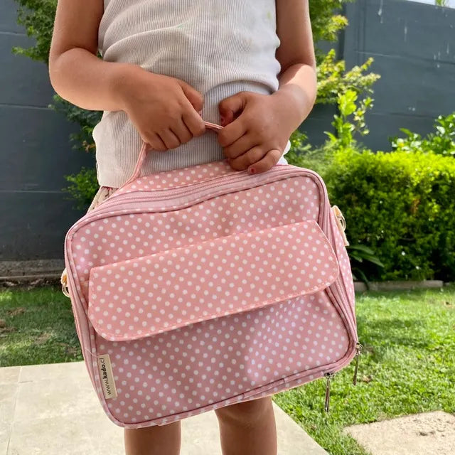 Lonchera de hule estampada rosada lunares