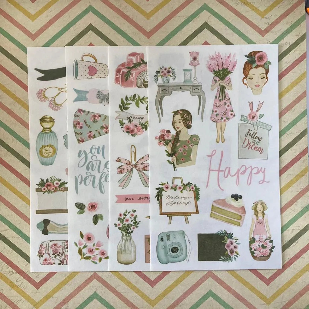 Sticker papel 4 hojas  escritorio y happy