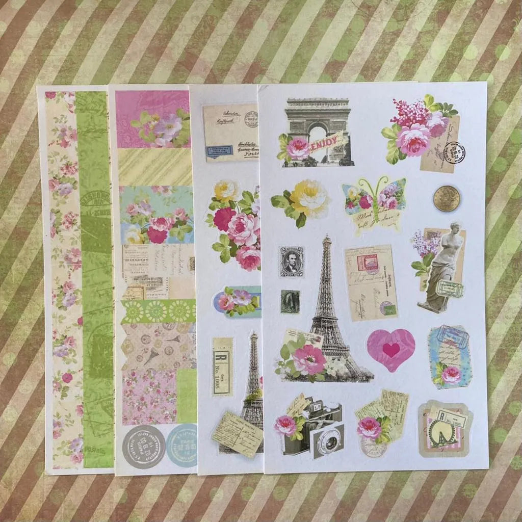 Sticker papel 4 hojas paris y flores